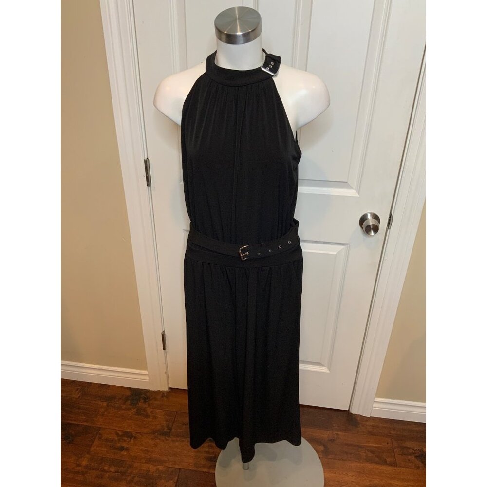 Michael Kors Black Cropped Belted Jumpsuit W/Silver Buckle Neckline, Size P/M